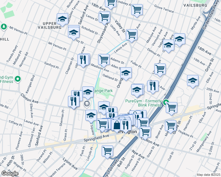 map of restaurants, bars, coffee shops, grocery stores, and more near 141 Orange Avenue in Irvington