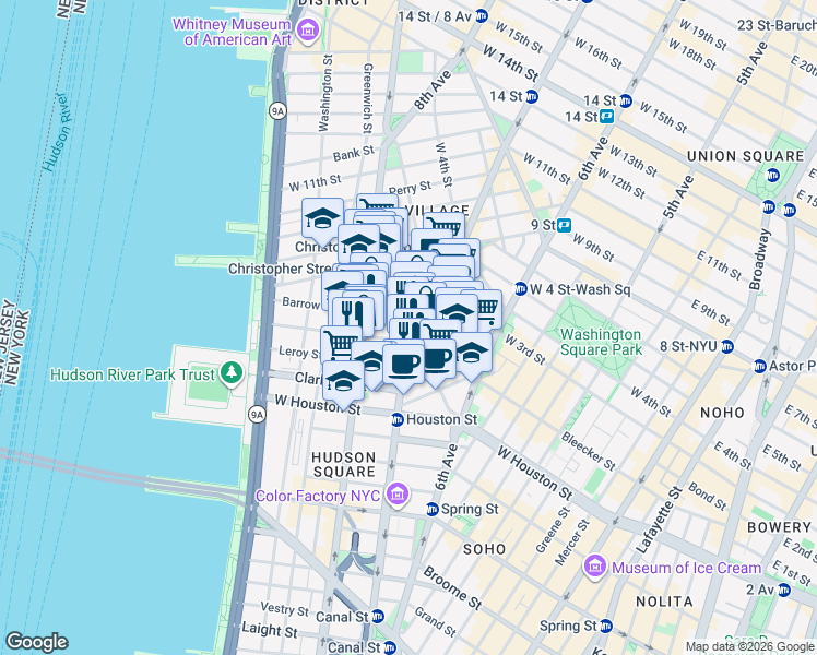 map of restaurants, bars, coffee shops, grocery stores, and more near 51 Morton Street in New York
