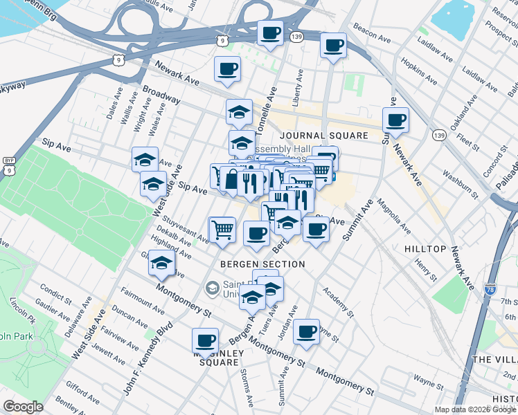 map of restaurants, bars, coffee shops, grocery stores, and more near 24 Tonnele Ave in Jersey City