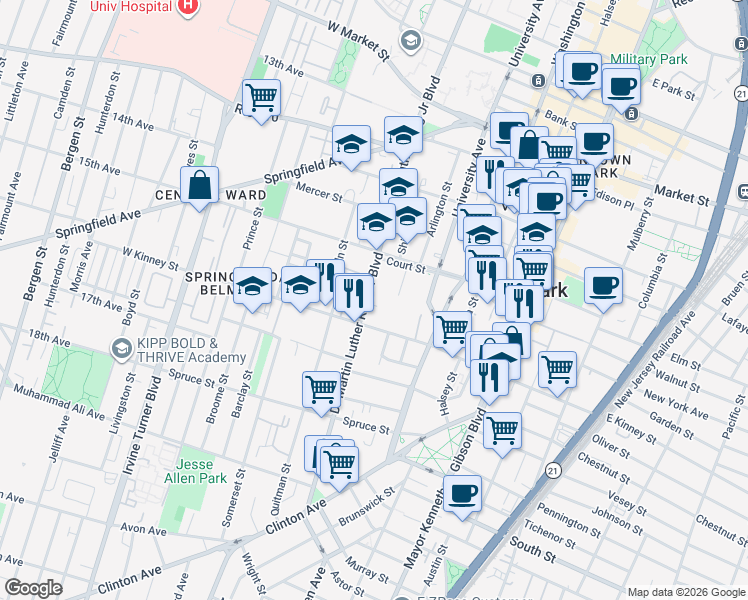 map of restaurants, bars, coffee shops, grocery stores, and more near 116 Baldwin Street in Newark