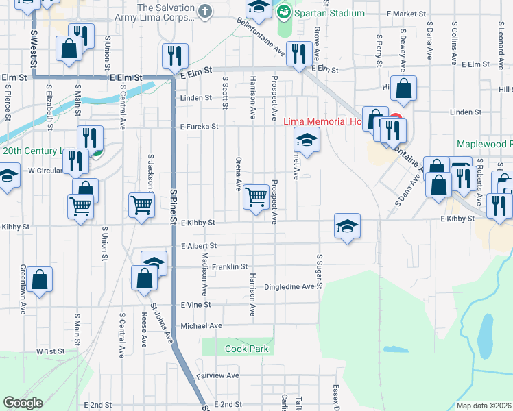 map of restaurants, bars, coffee shops, grocery stores, and more near 653 Harrison Avenue in Lima