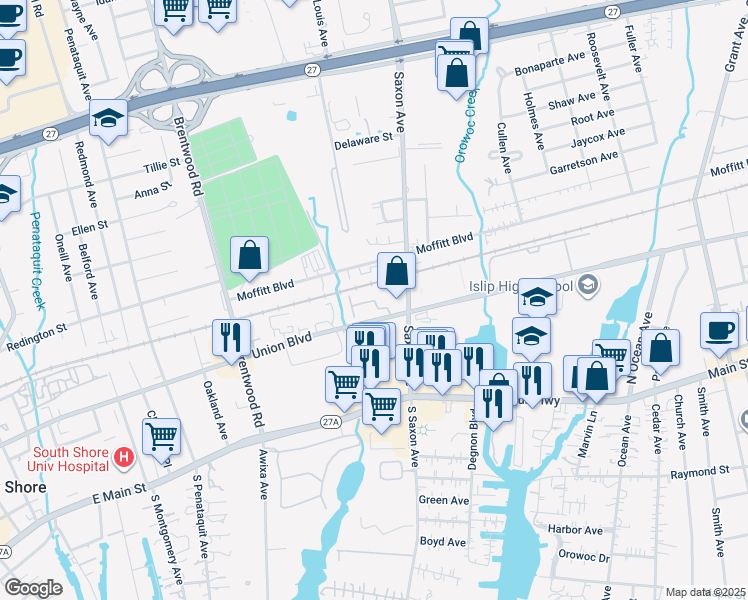 map of restaurants, bars, coffee shops, grocery stores, and more near 17-31 Charleys Place in Bay Shore