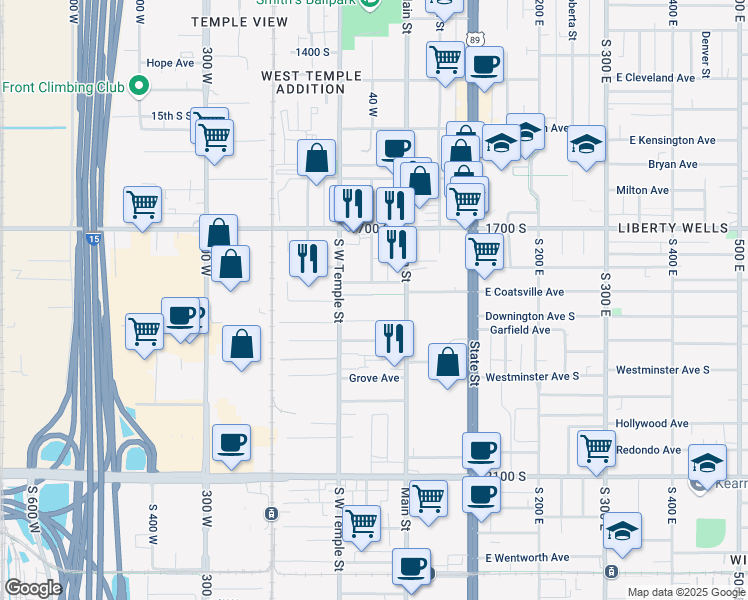 map of restaurants, bars, coffee shops, grocery stores, and more near 39 West Boulevard Gardens in Salt Lake City