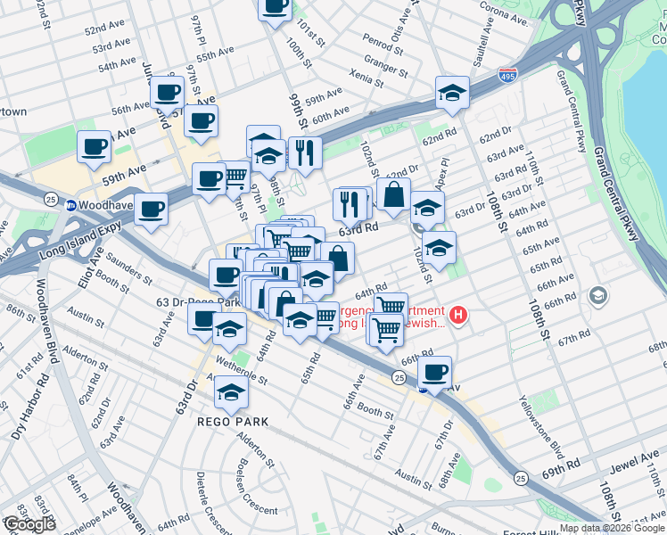 map of restaurants, bars, coffee shops, grocery stores, and more near 99-05 63rd Drive in Queens