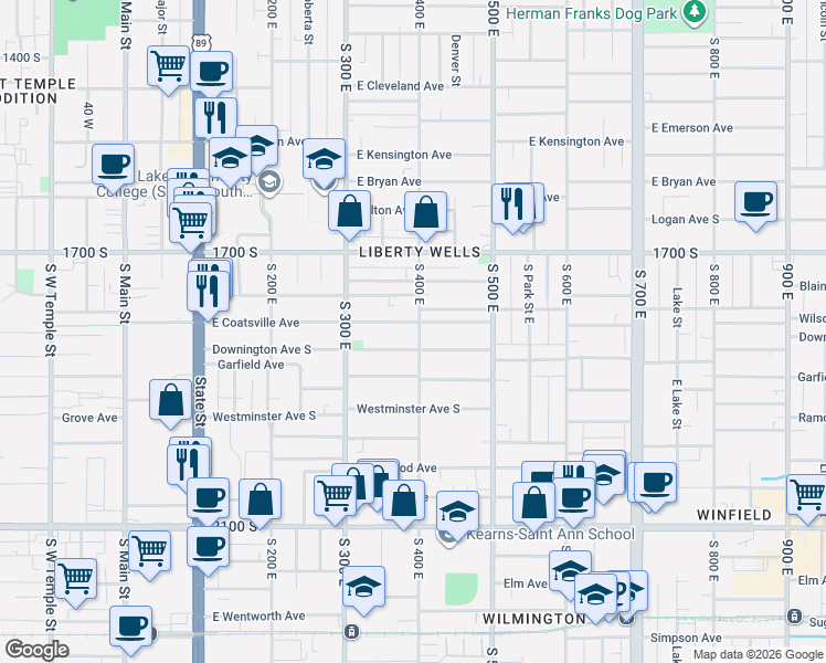 map of restaurants, bars, coffee shops, grocery stores, and more near 361 Downington Avenue South in Salt Lake City
