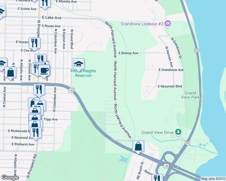map of restaurants, bars, coffee shops, grocery stores, and more near 3607 North Harvard Avenue in Peoria