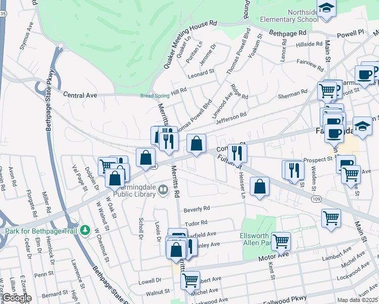 map of restaurants, bars, coffee shops, grocery stores, and more near 2 Stratford Green in Farmingdale