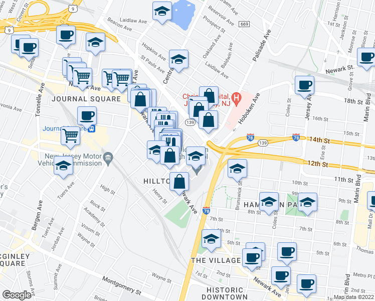 map of restaurants, bars, coffee shops, grocery stores, and more near 27 Palisade Avenue in Jersey City