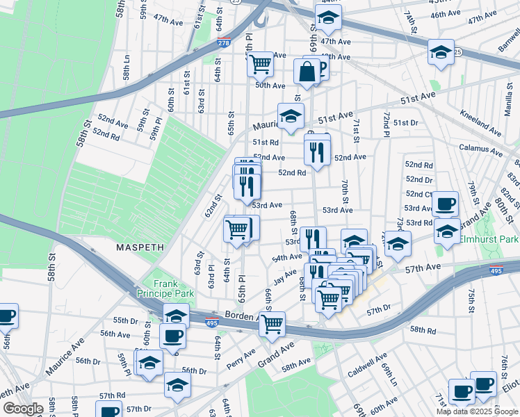 map of restaurants, bars, coffee shops, grocery stores, and more near 53-11 66th Street in Queens