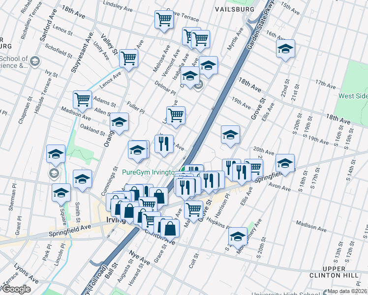 map of restaurants, bars, coffee shops, grocery stores, and more near 146 Brookside Avenue in Irvington