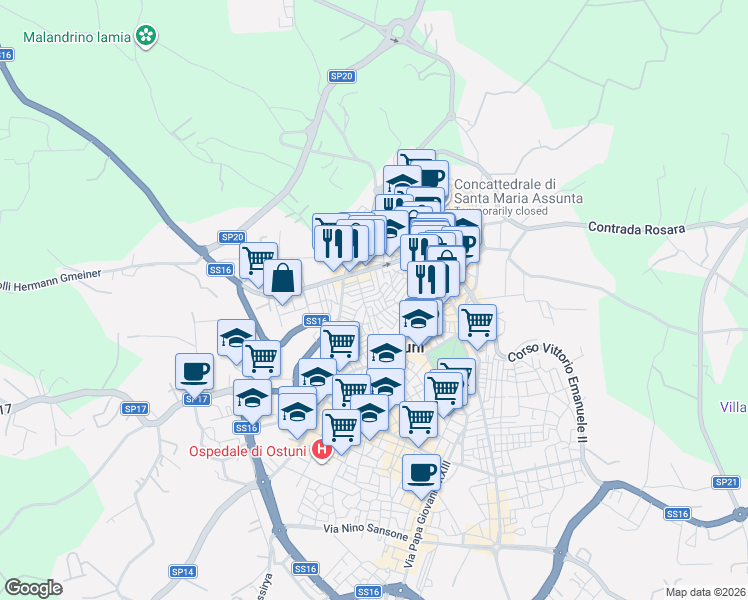 map of restaurants, bars, coffee shops, grocery stores, and more near 72 Via Giacomo Leopardi in Ostuni