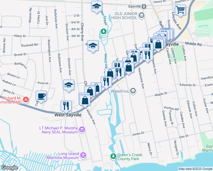 map of restaurants, bars, coffee shops, grocery stores, and more near 7 County Road 85 in Sayville