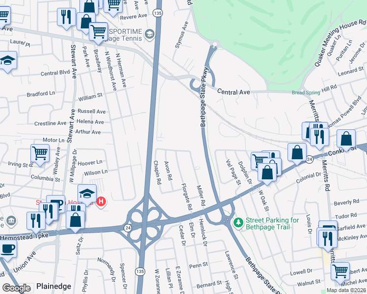 map of restaurants, bars, coffee shops, grocery stores, and more near 44 Miller Road in Farmingdale