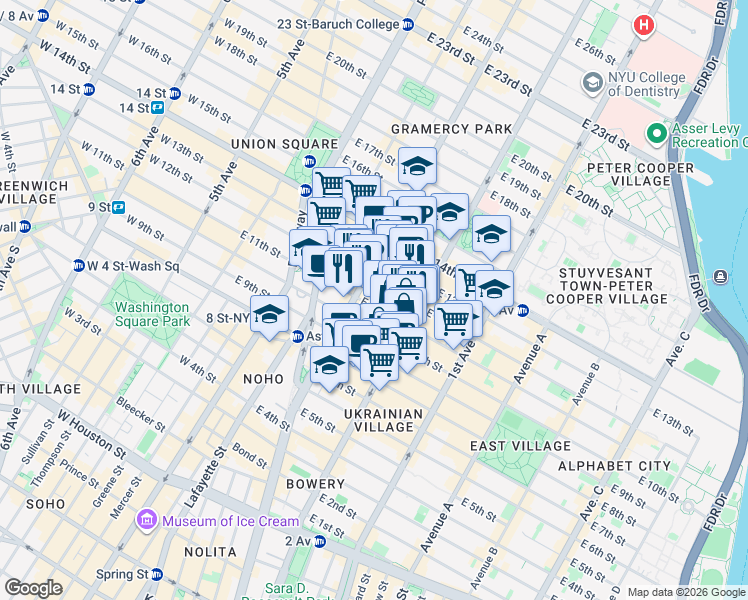 map of restaurants, bars, coffee shops, grocery stores, and more near 211 East 11th Street in New York