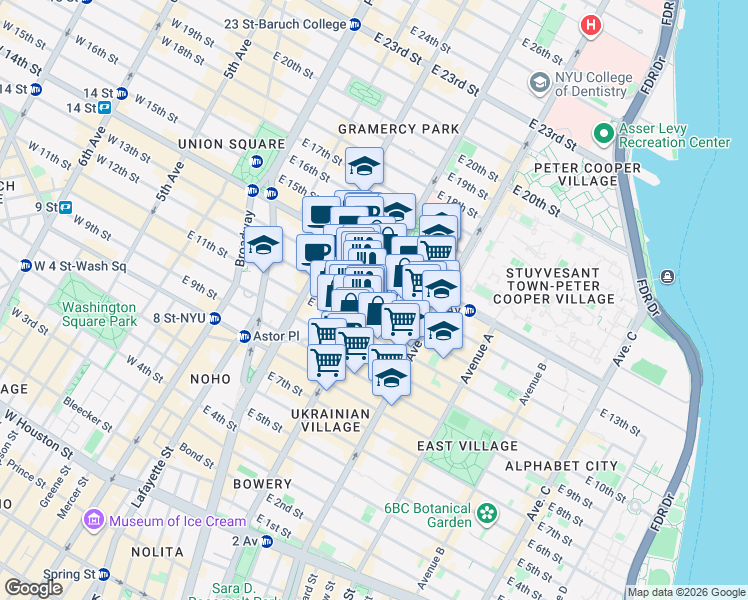 map of restaurants, bars, coffee shops, grocery stores, and more near 200 2nd Avenue in New York