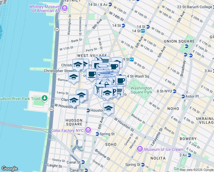 map of restaurants, bars, coffee shops, grocery stores, and more near 249 Bleecker Street in New York