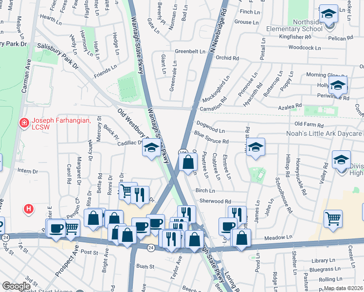 map of restaurants, bars, coffee shops, grocery stores, and more near 259 Newbridge Road in Levittown