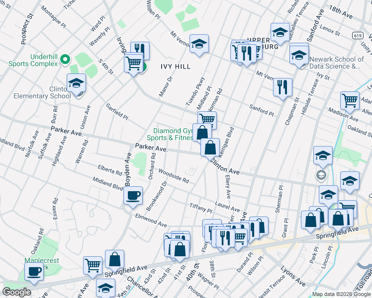 map of restaurants, bars, coffee shops, grocery stores, and more near 275-283 Parker Avenue in Maplewood