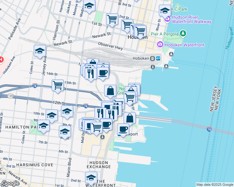 map of restaurants, bars, coffee shops, grocery stores, and more near 700 Washington Boulevard in Jersey City