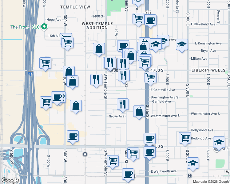 map of restaurants, bars, coffee shops, grocery stores, and more near 45 West Boulevard Gardens in Salt Lake City