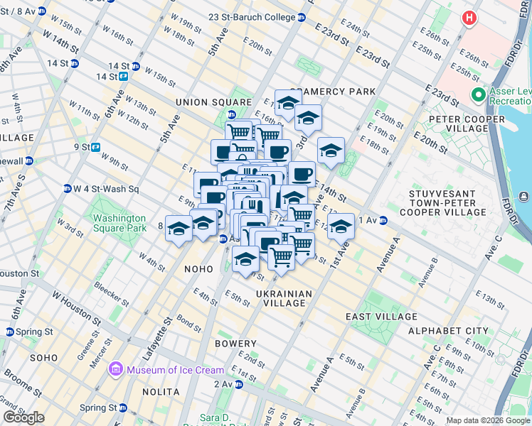 map of restaurants, bars, coffee shops, grocery stores, and more near 202 East 11th Street in New York
