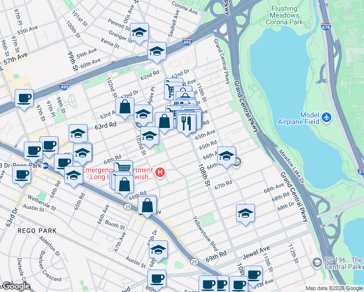 map of restaurants, bars, coffee shops, grocery stores, and more near 105-39 65th Road in Queens