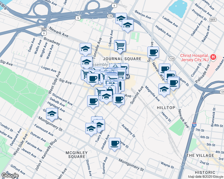 map of restaurants, bars, coffee shops, grocery stores, and more near 41 Journal Square Plaza in Jersey City