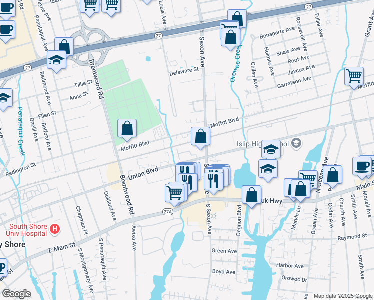 map of restaurants, bars, coffee shops, grocery stores, and more near 19 Charley's Place in Bay Shore