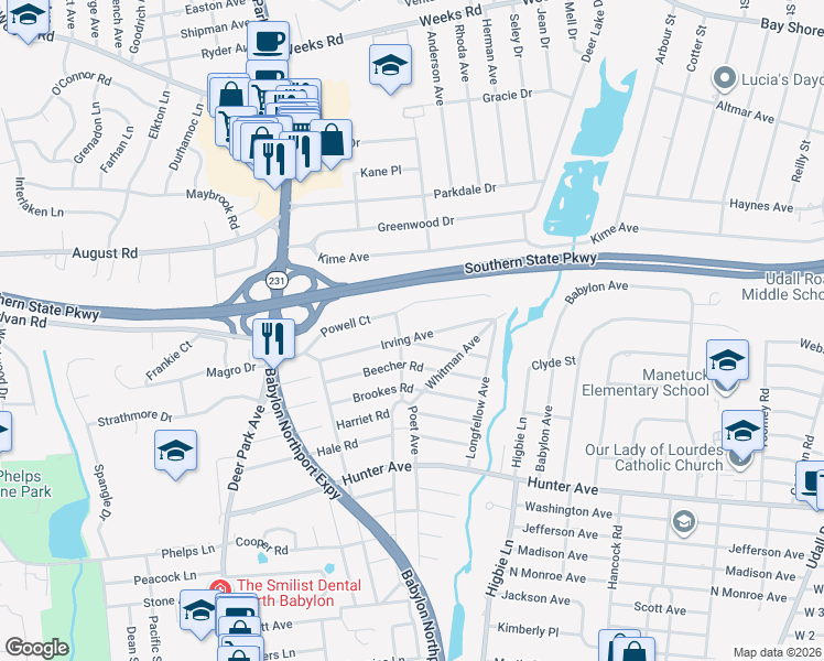 map of restaurants, bars, coffee shops, grocery stores, and more near 93 Irving Avenue in North Babylon