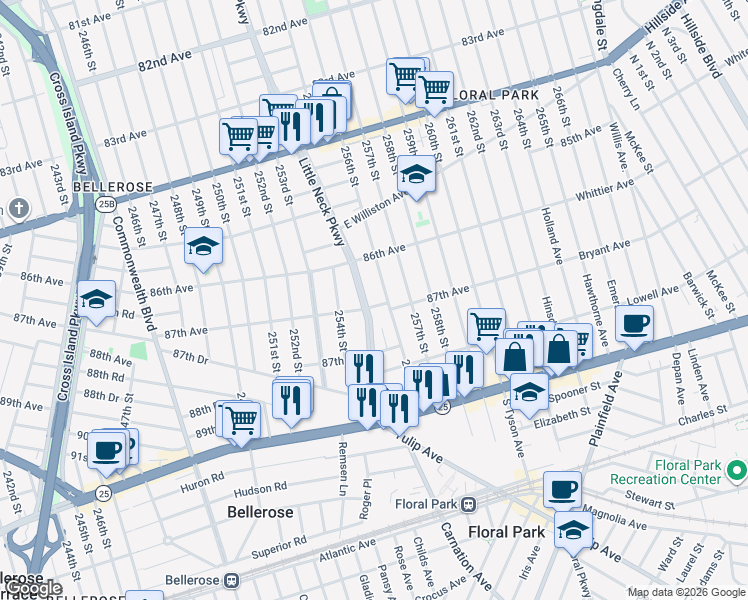 map of restaurants, bars, coffee shops, grocery stores, and more near 255-14 87th Avenue in Queens