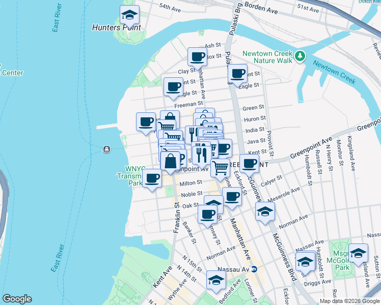 map of restaurants, bars, coffee shops, grocery stores, and more near 127 Kent Street in Brooklyn