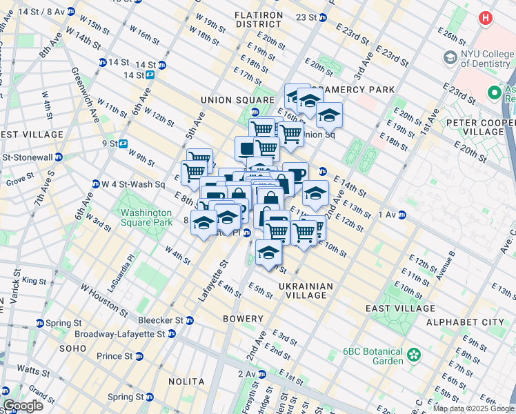 map of restaurants, bars, coffee shops, grocery stores, and more near 4th Ave & E 10th St in New York