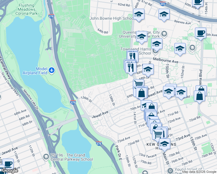 map of restaurants, bars, coffee shops, grocery stores, and more near 68-23 138th Street in Queens