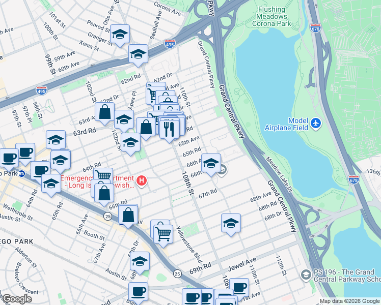 map of restaurants, bars, coffee shops, grocery stores, and more near in Queens