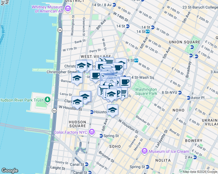 map of restaurants, bars, coffee shops, grocery stores, and more near 249 Bleecker Street in New York