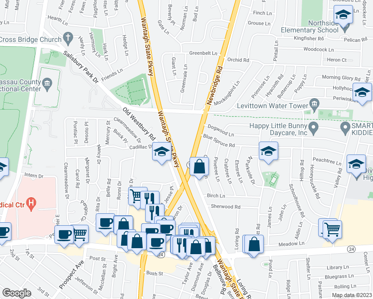 map of restaurants, bars, coffee shops, grocery stores, and more near 257 North Newbridge Road in Levittown