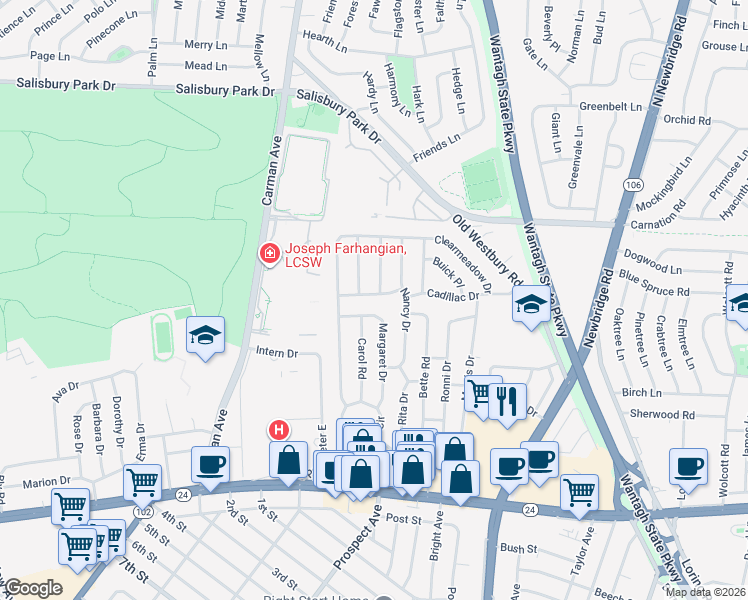 map of restaurants, bars, coffee shops, grocery stores, and more near 208 Margaret Drive in East Meadow