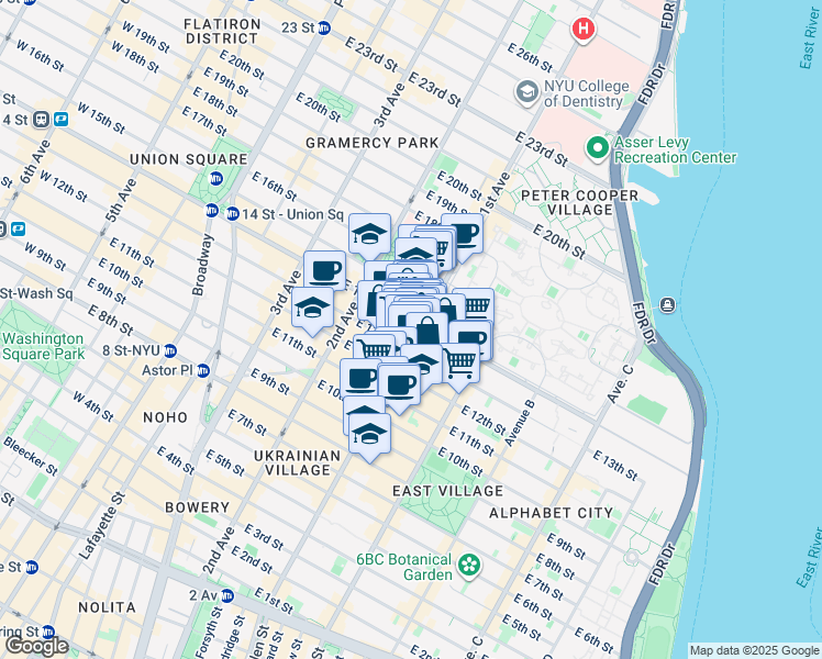 map of restaurants, bars, coffee shops, grocery stores, and more near 347 East 14th Street in New York