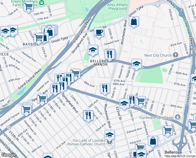 map of restaurants, bars, coffee shops, grocery stores, and more near 230-26 87th Avenue in Queens