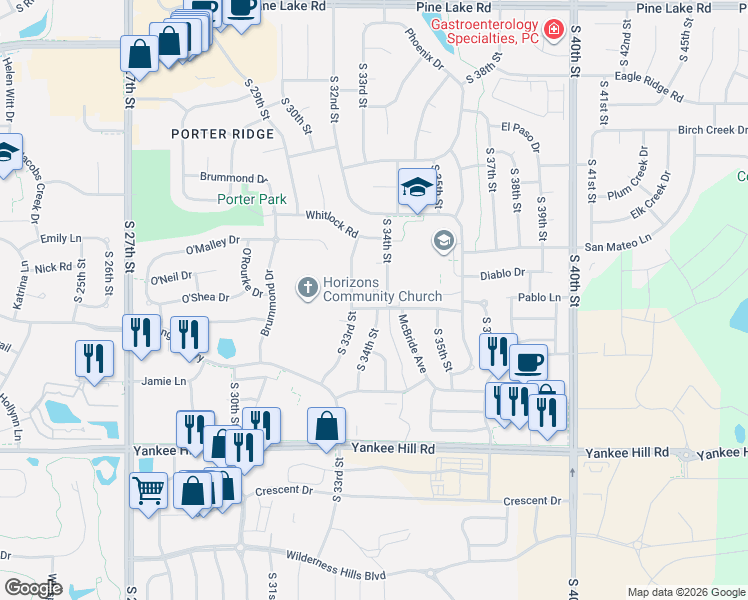 map of restaurants, bars, coffee shops, grocery stores, and more near 3333 O'Hanlon Drive in Lincoln