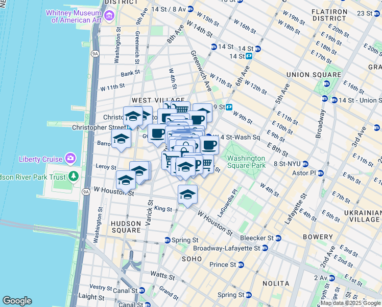 map of restaurants, bars, coffee shops, grocery stores, and more near 20 Cornelia Street in New York