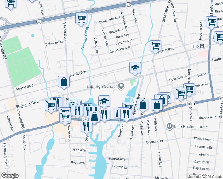 map of restaurants, bars, coffee shops, grocery stores, and more near 357 Johnston Drive in Bay Shore