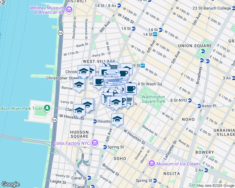 map of restaurants, bars, coffee shops, grocery stores, and more near 24 Cornelia Street in New York