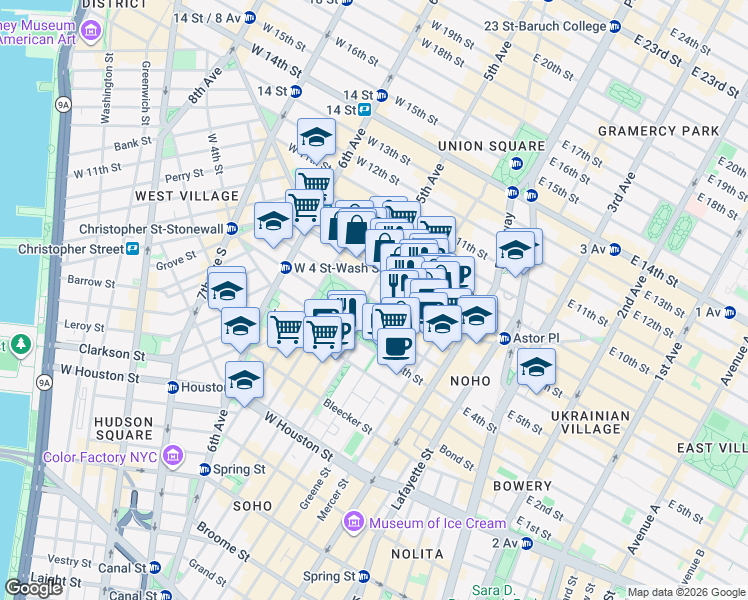map of restaurants, bars, coffee shops, grocery stores, and more near 7 Washington Square North in New York