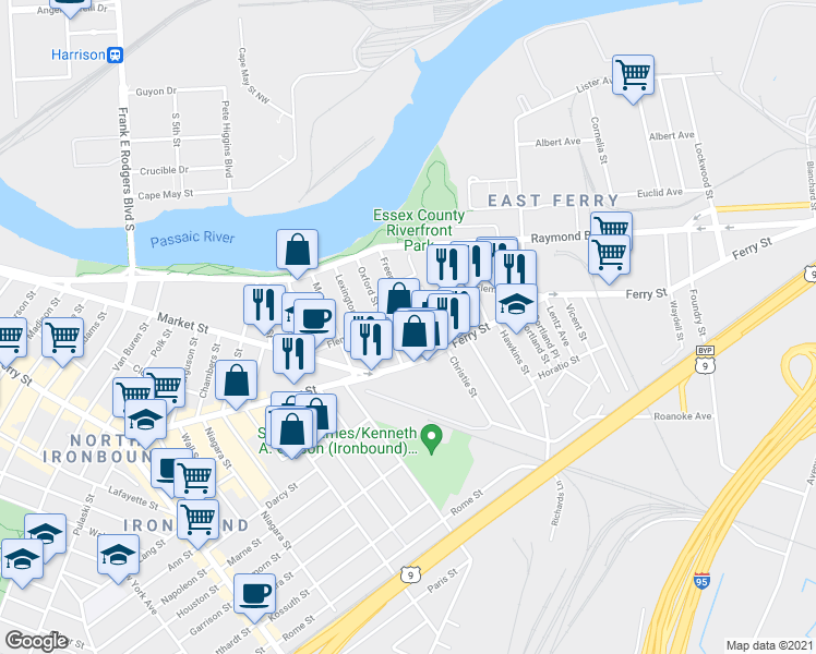 map of restaurants, bars, coffee shops, grocery stores, and more near 63 Freeman St in Newark