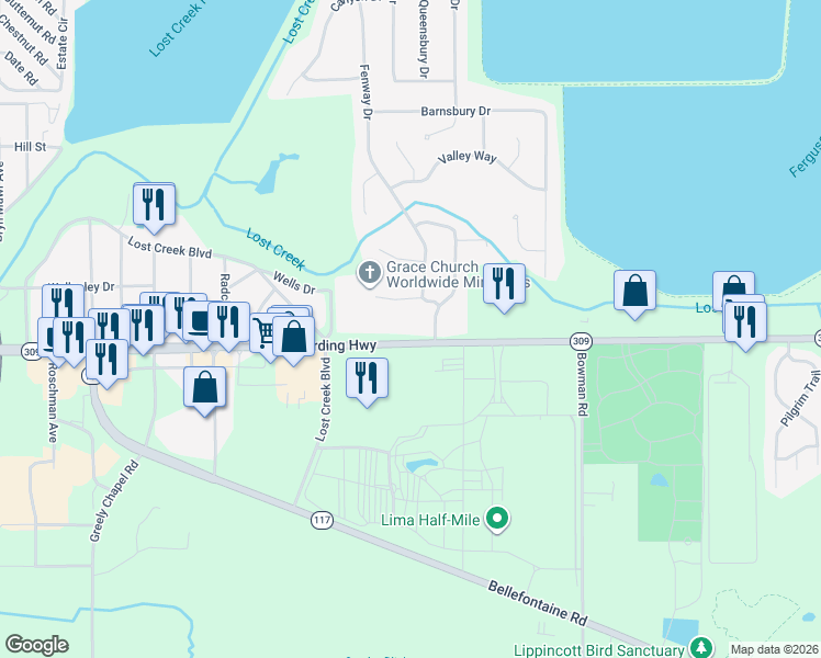 map of restaurants, bars, coffee shops, grocery stores, and more near 2575 Harding Highway in Lima