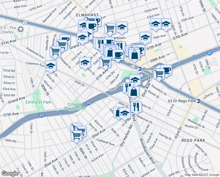 map of restaurants, bars, coffee shops, grocery stores, and more near 58-09 Van Horn Street in Queens