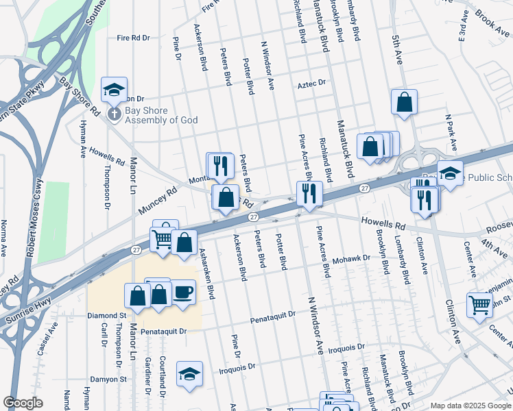 map of restaurants, bars, coffee shops, grocery stores, and more near 1017 Sunrise Highway North Service Road in Bay Shore