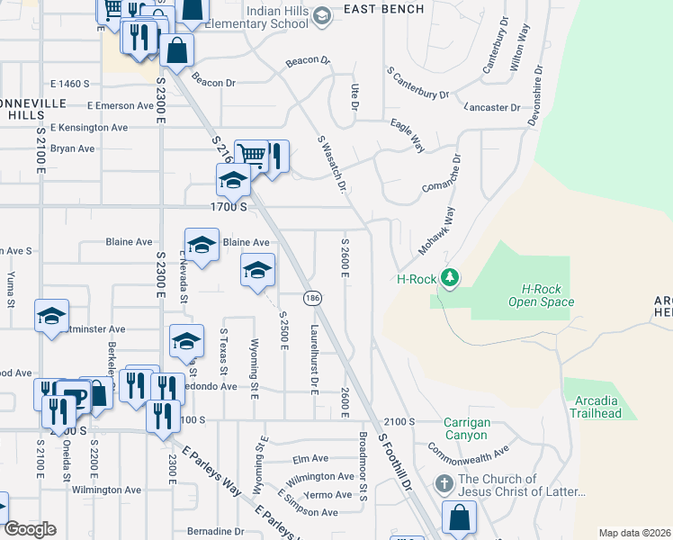 map of restaurants, bars, coffee shops, grocery stores, and more near 1809 South 26th East in Salt Lake City