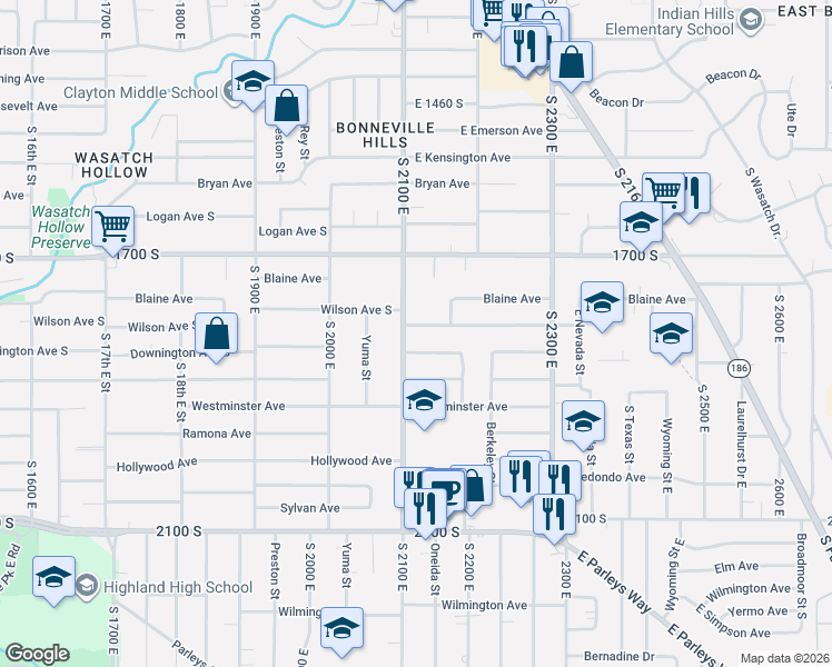 map of restaurants, bars, coffee shops, grocery stores, and more near 1808 South 2100 East in Salt Lake City